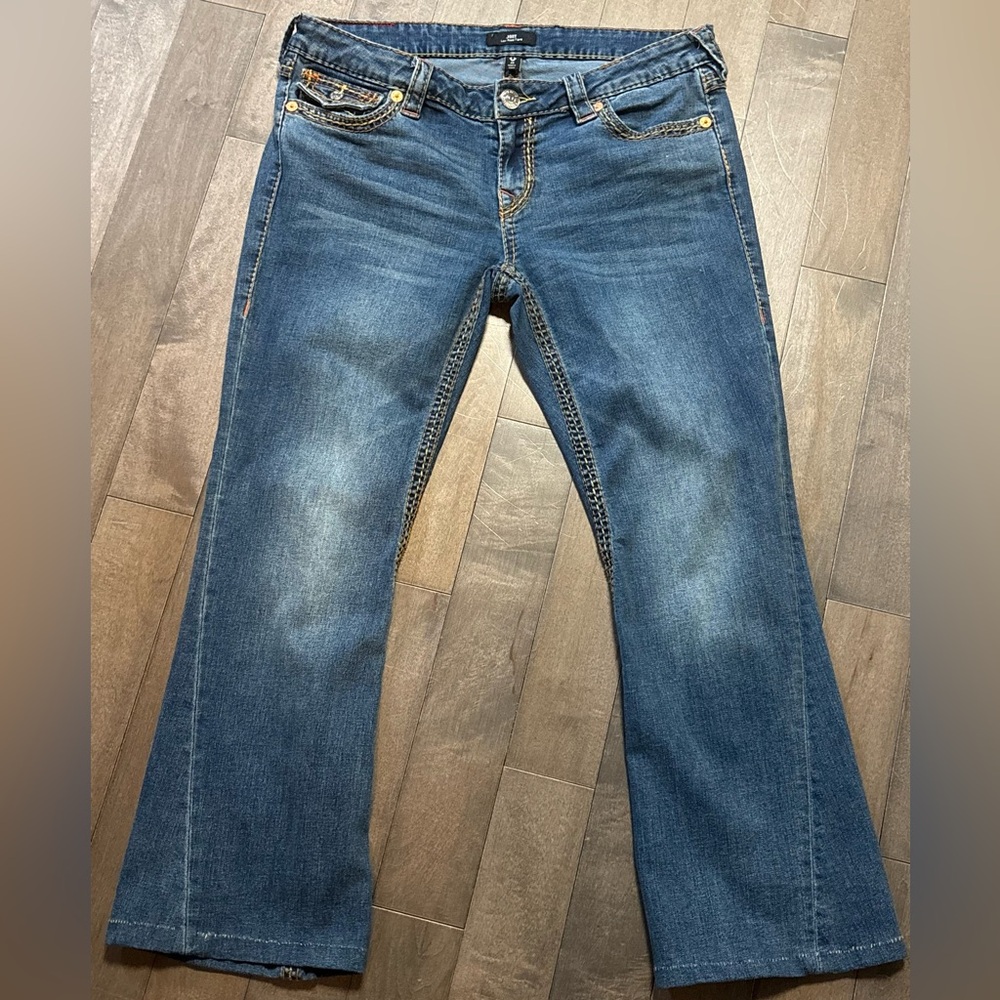 TRUE RELIGION Joey Mid-Rise Flare Jeans Women's 29x26.5 Blue Flap 5 Pocket Hem